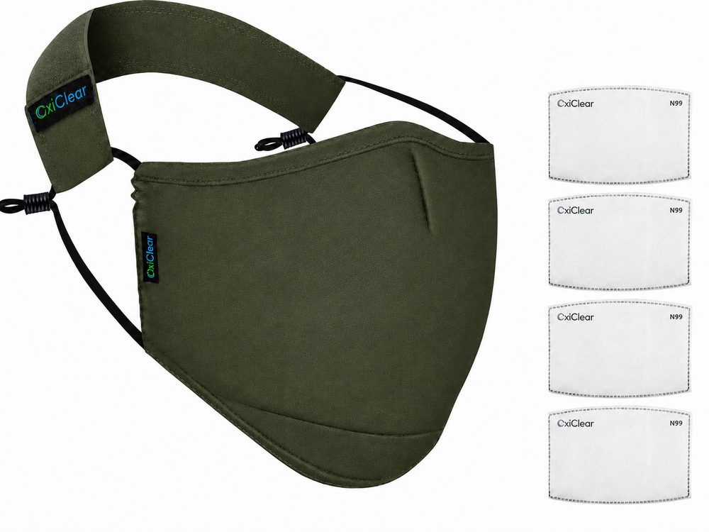 An OxiClear N99 mask without valve in army green, beside four replacement filters